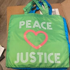 Justice Green Tote with Pink Heart and Peace Design